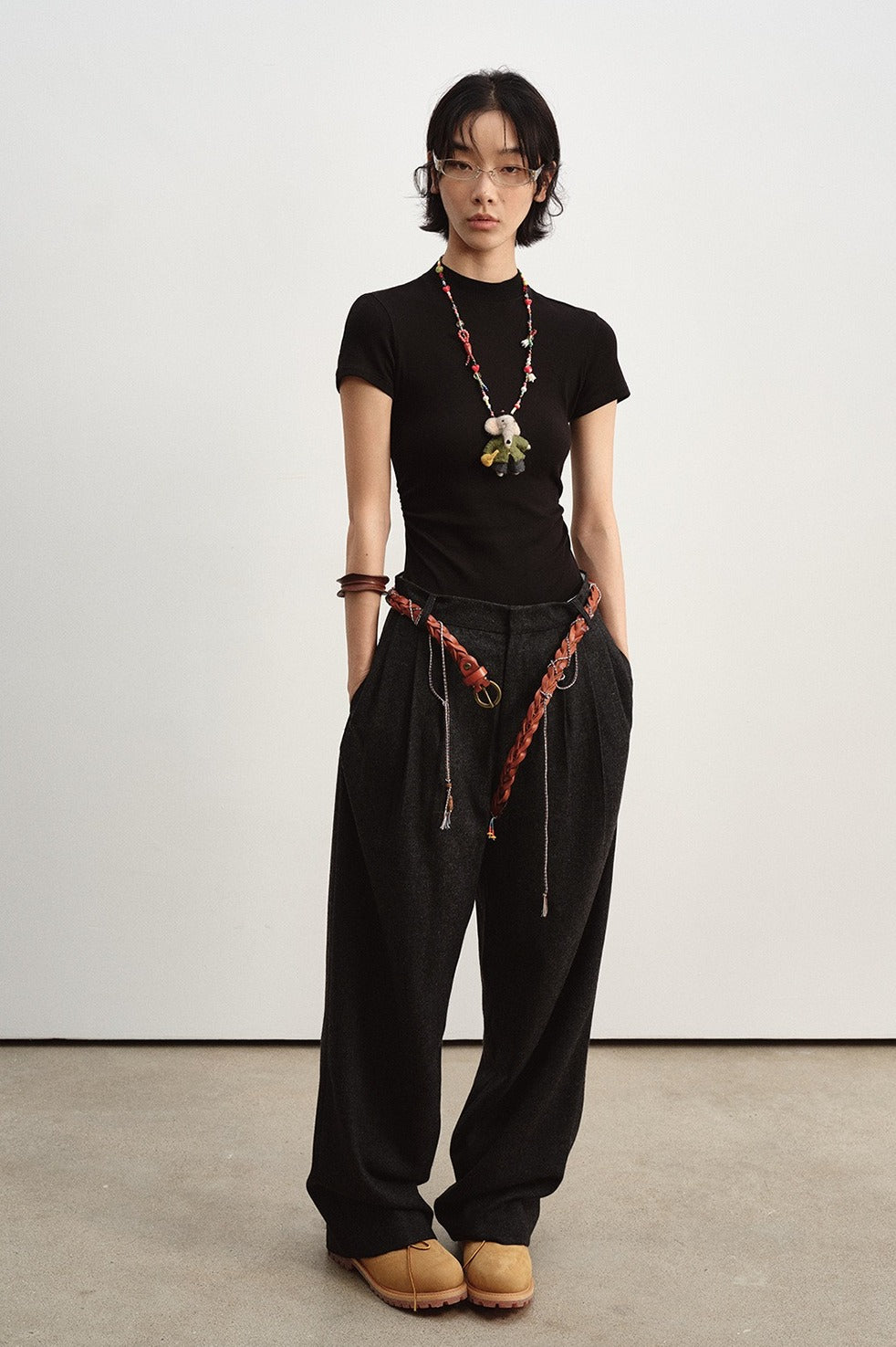 Wool blend herringbone pattern relaxed fit pants | 2 color