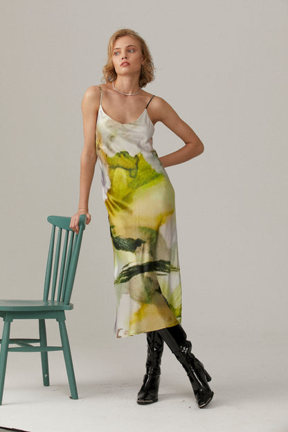 【MOOD】Landscape Halo dyeing style printing rayon suspender dress party