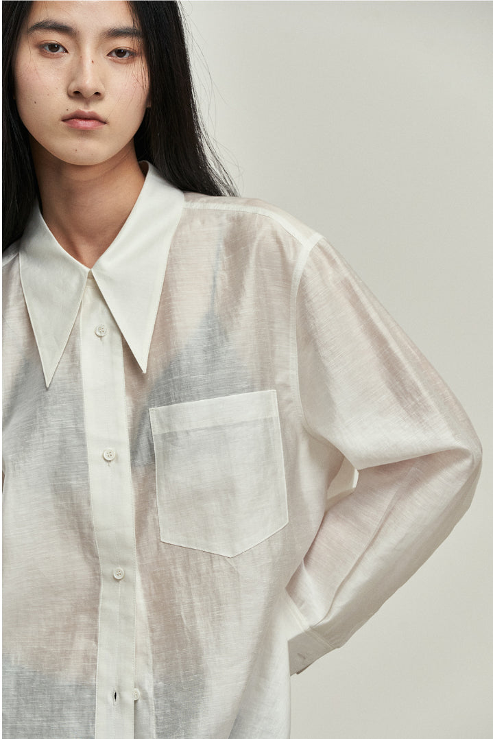 Long collar transparent Tencel shirt | 3 colors