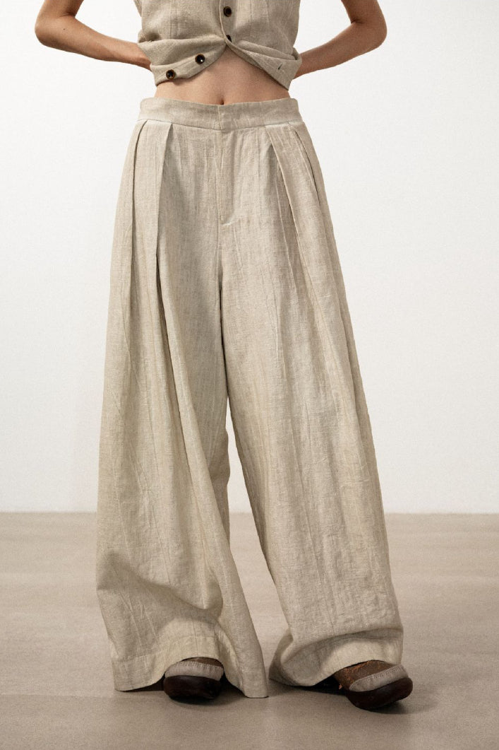 Cotton blend linen texture wide leg pants | 4 color
