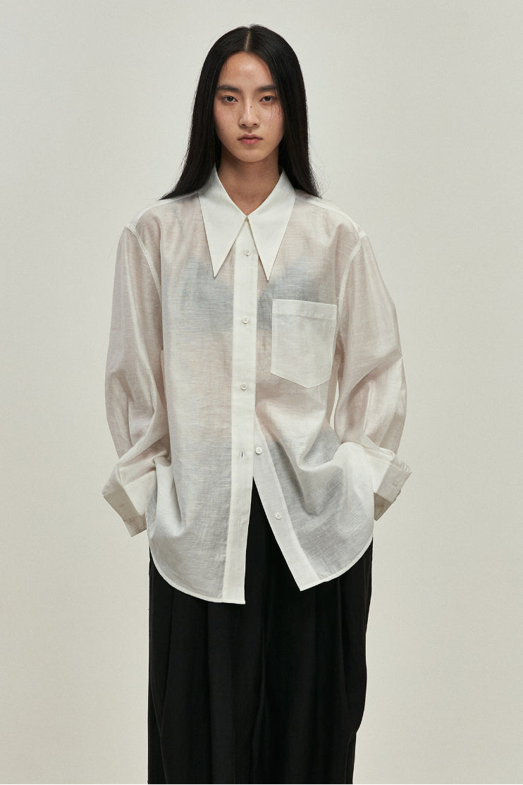 Long collar transparent Tencel shirt | 3 colors