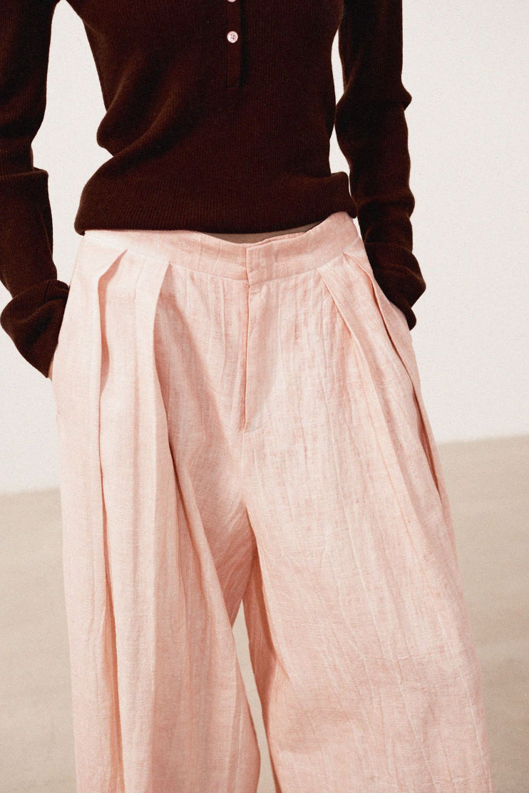 Cotton blend linen texture wide leg pants | 4 color
